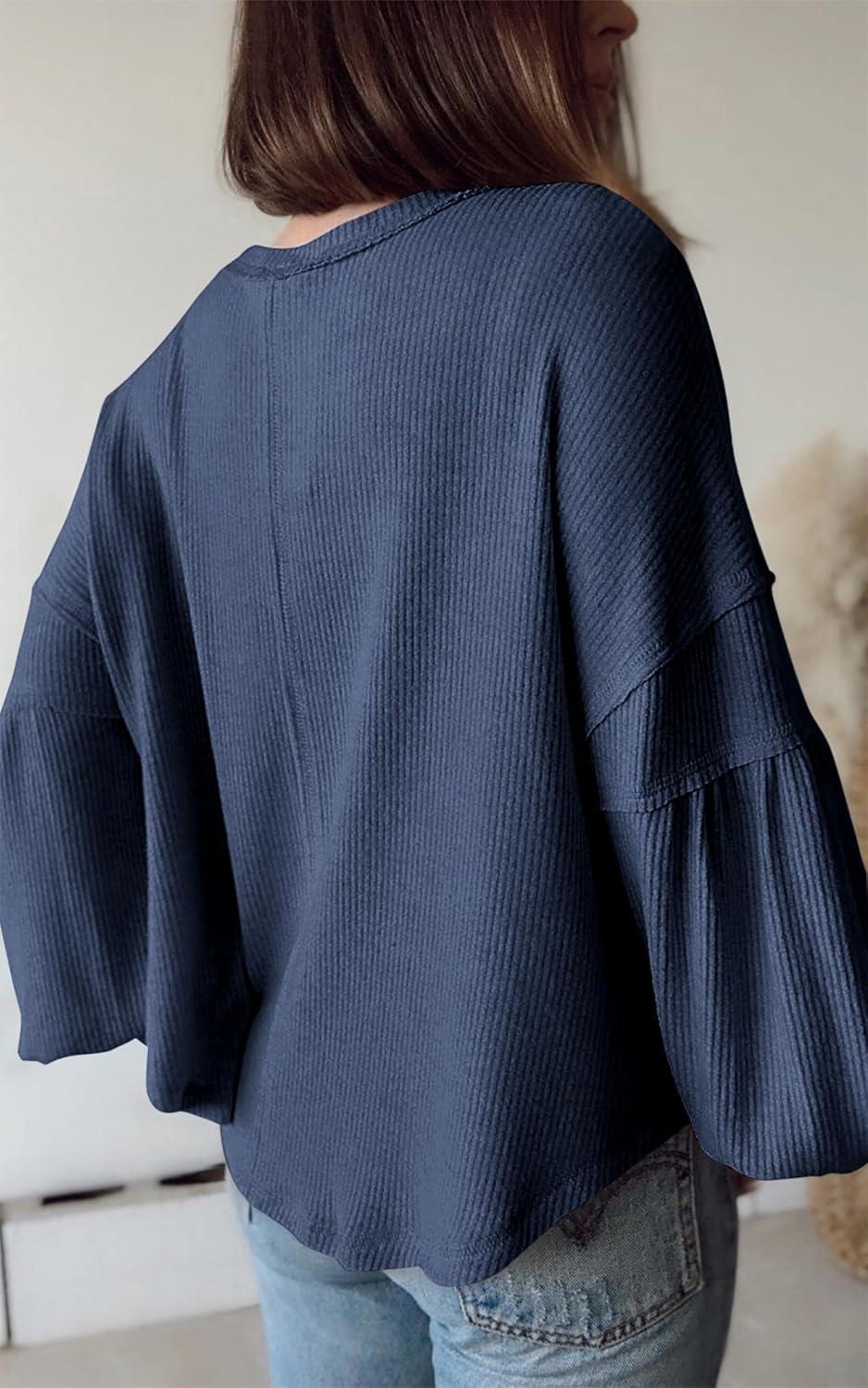 imageBTFBM Womens Fall Fashion 2025 Long Sleeve Shirts Casual V Neck Ribbed Knit Blouses Pullover Trendy Loose Fit Tunic TopsSolid Blue