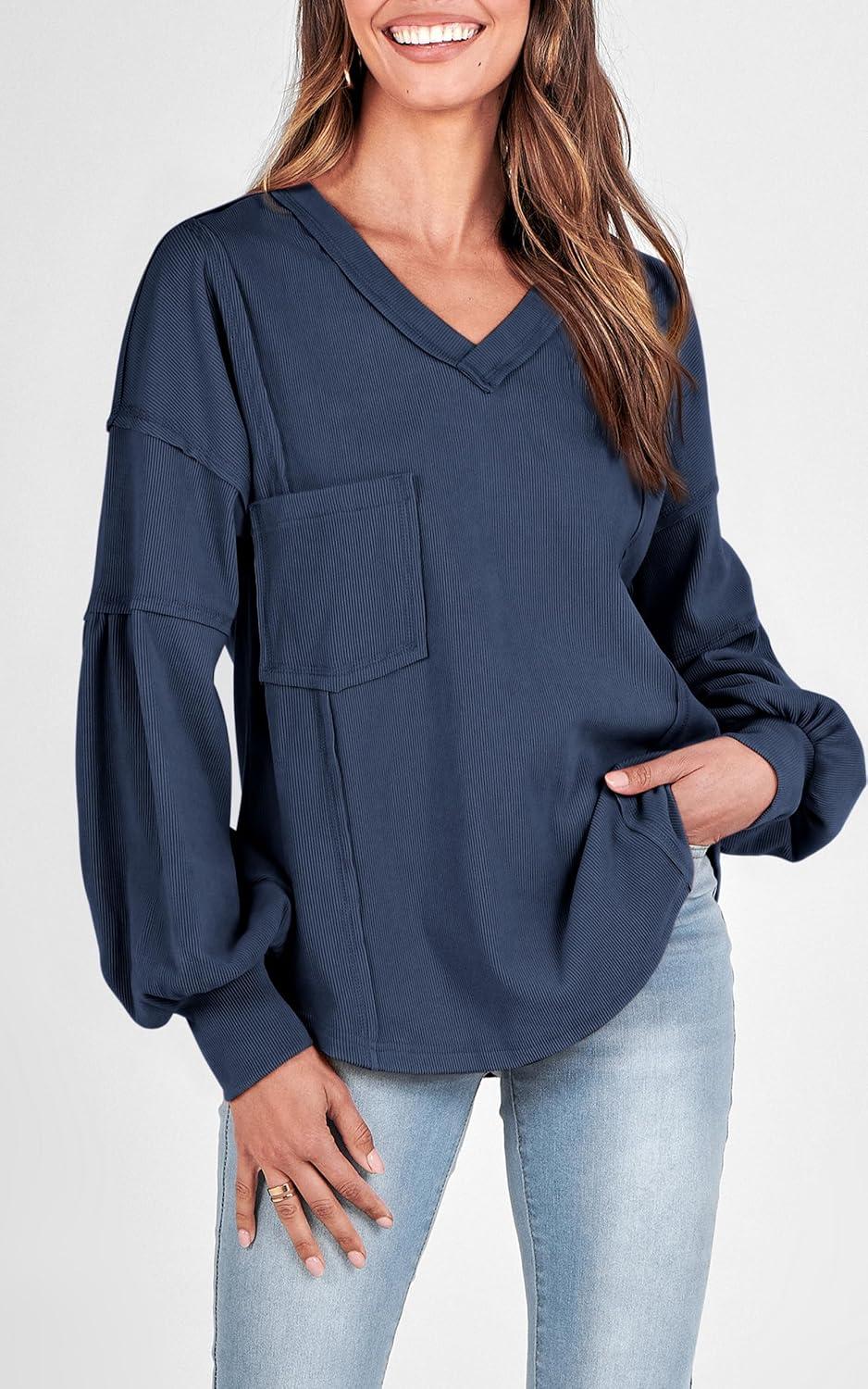 imageBTFBM Womens Fall Fashion 2025 Long Sleeve Shirts Casual V Neck Ribbed Knit Blouses Pullover Trendy Loose Fit Tunic TopsSolid Blue