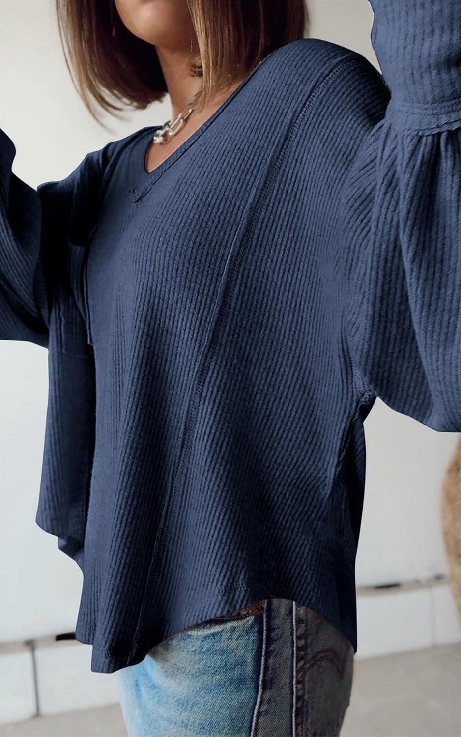 imageBTFBM Womens Fall Fashion 2025 Long Sleeve Shirts Casual V Neck Ribbed Knit Blouses Pullover Trendy Loose Fit Tunic TopsSolid Blue