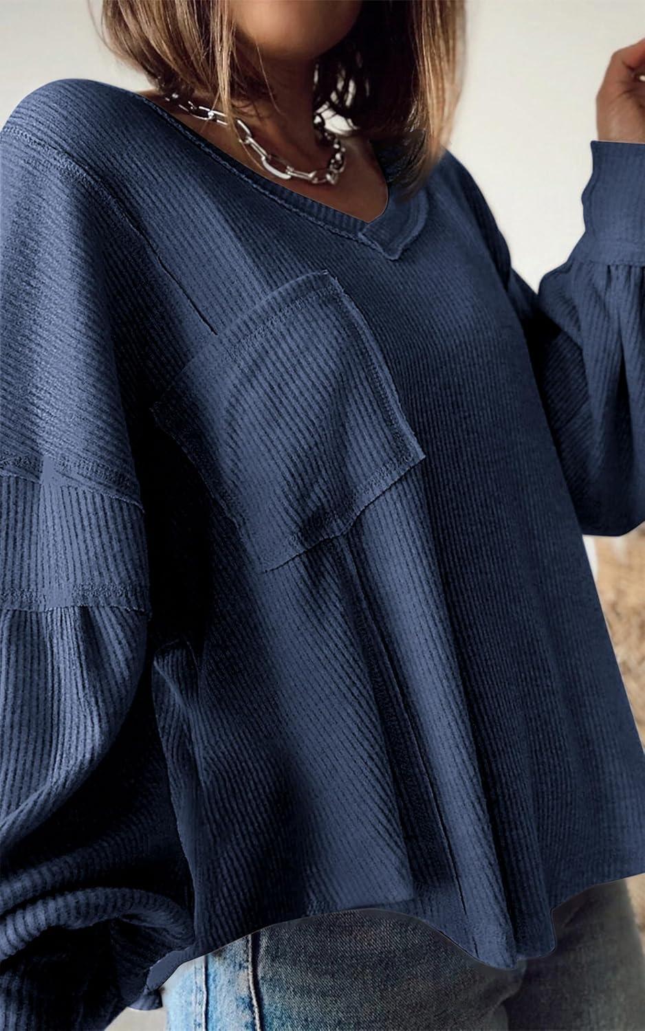 imageBTFBM Womens Fall Fashion 2025 Long Sleeve Shirts Casual V Neck Ribbed Knit Blouses Pullover Trendy Loose Fit Tunic TopsSolid Blue