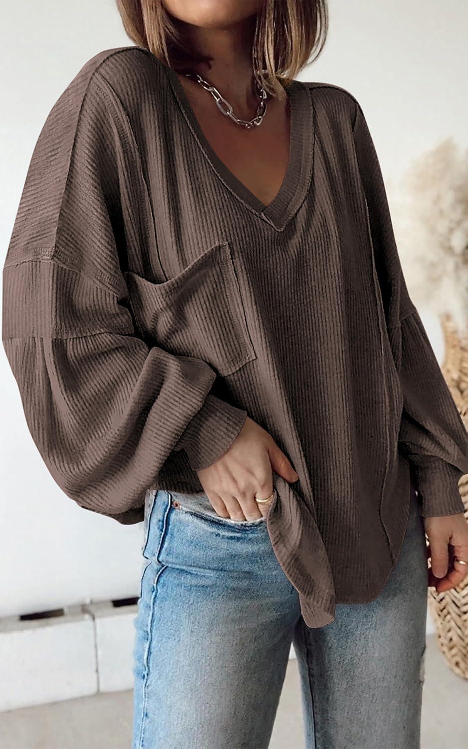 imageBTFBM Womens Fall Fashion 2025 Long Sleeve Shirts Casual V Neck Ribbed Knit Blouses Pullover Trendy Loose Fit Tunic TopsSolid Brown