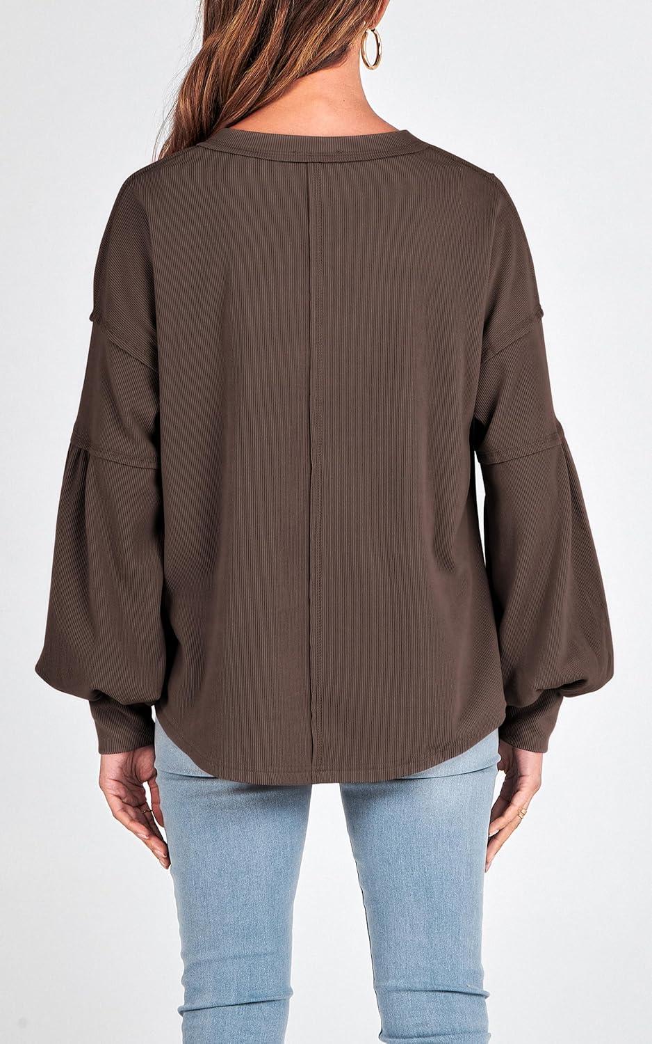 imageBTFBM Womens Fall Fashion 2025 Long Sleeve Shirts Casual V Neck Ribbed Knit Blouses Pullover Trendy Loose Fit Tunic TopsSolid Brown