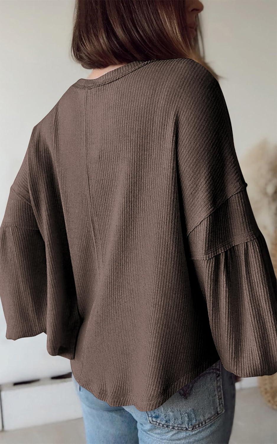 imageBTFBM Womens Fall Fashion 2025 Long Sleeve Shirts Casual V Neck Ribbed Knit Blouses Pullover Trendy Loose Fit Tunic TopsSolid Brown