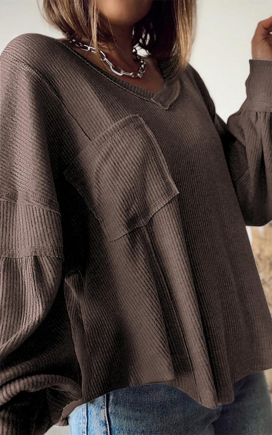 imageBTFBM Womens Fall Fashion 2025 Long Sleeve Shirts Casual V Neck Ribbed Knit Blouses Pullover Trendy Loose Fit Tunic TopsSolid Brown