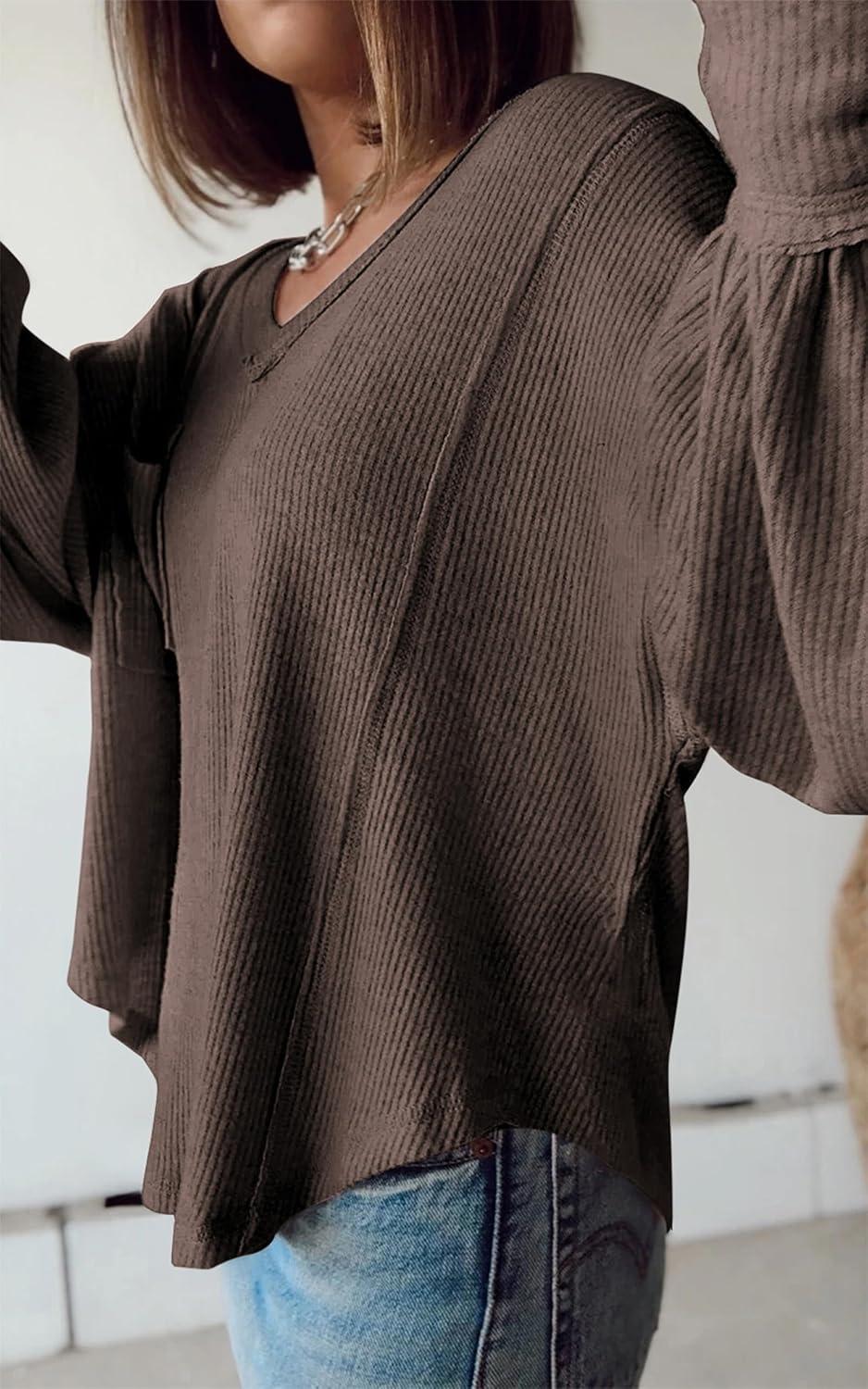 imageBTFBM Womens Fall Fashion 2025 Long Sleeve Shirts Casual V Neck Ribbed Knit Blouses Pullover Trendy Loose Fit Tunic TopsSolid Brown
