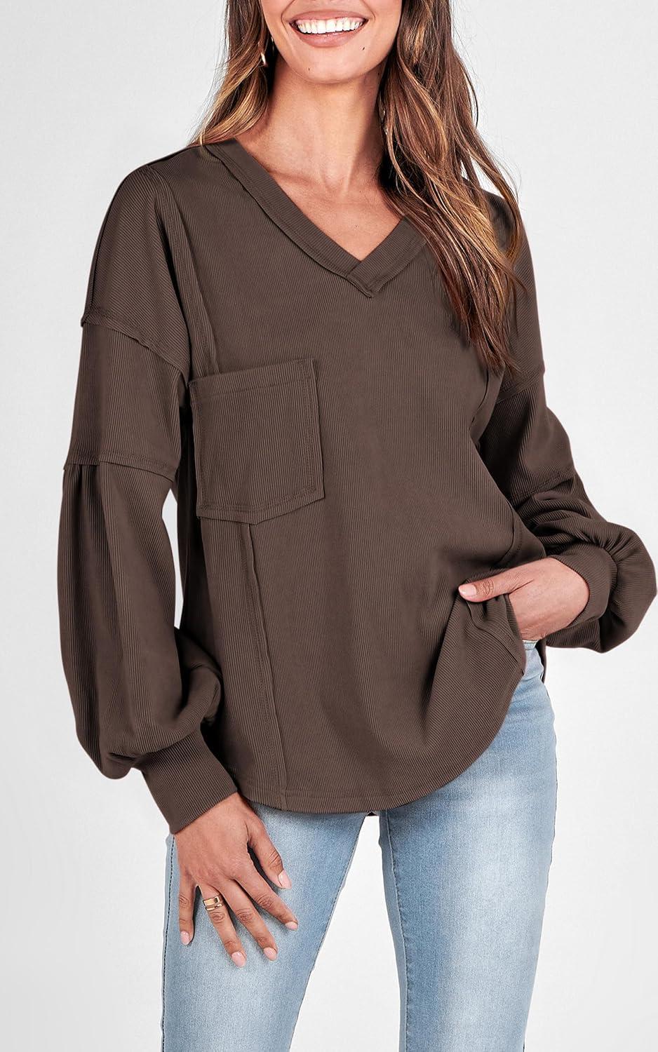 imageBTFBM Womens Fall Fashion 2025 Long Sleeve Shirts Casual V Neck Ribbed Knit Blouses Pullover Trendy Loose Fit Tunic TopsSolid Brown