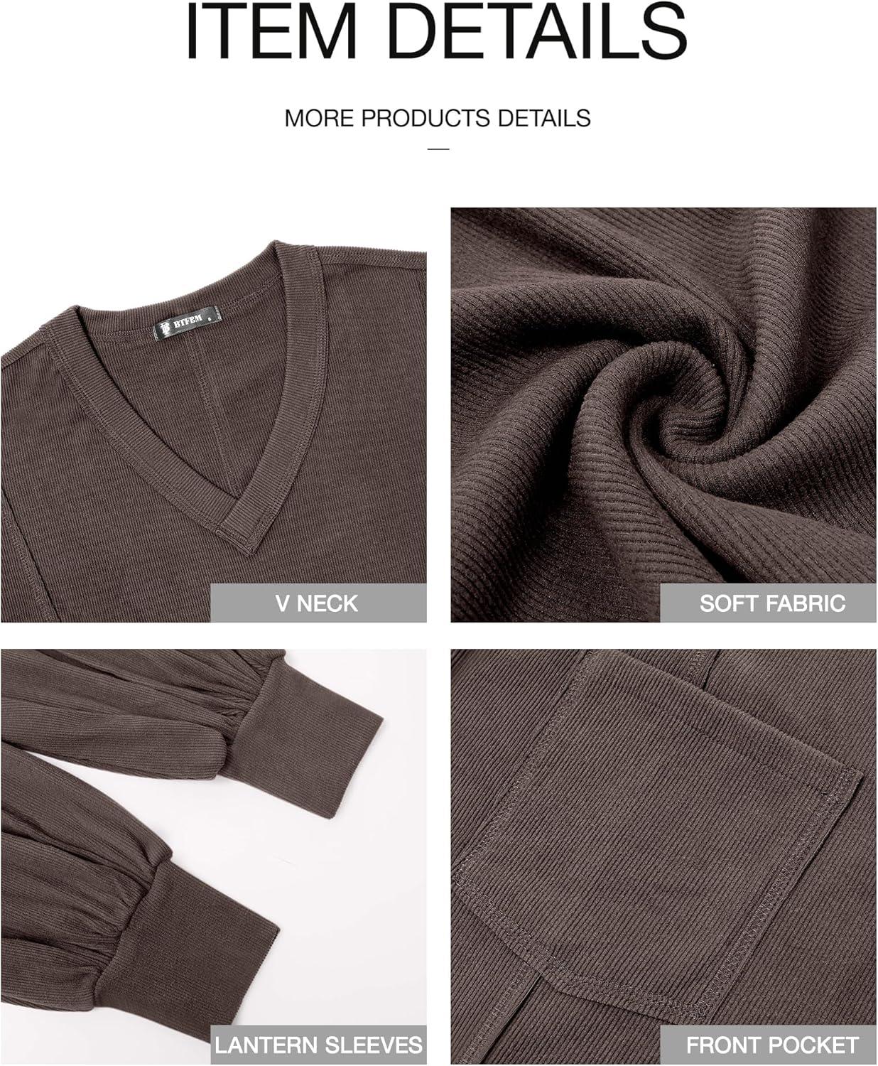 imageBTFBM Womens Fall Fashion 2025 Long Sleeve Shirts Casual V Neck Ribbed Knit Blouses Pullover Trendy Loose Fit Tunic TopsSolid Brown