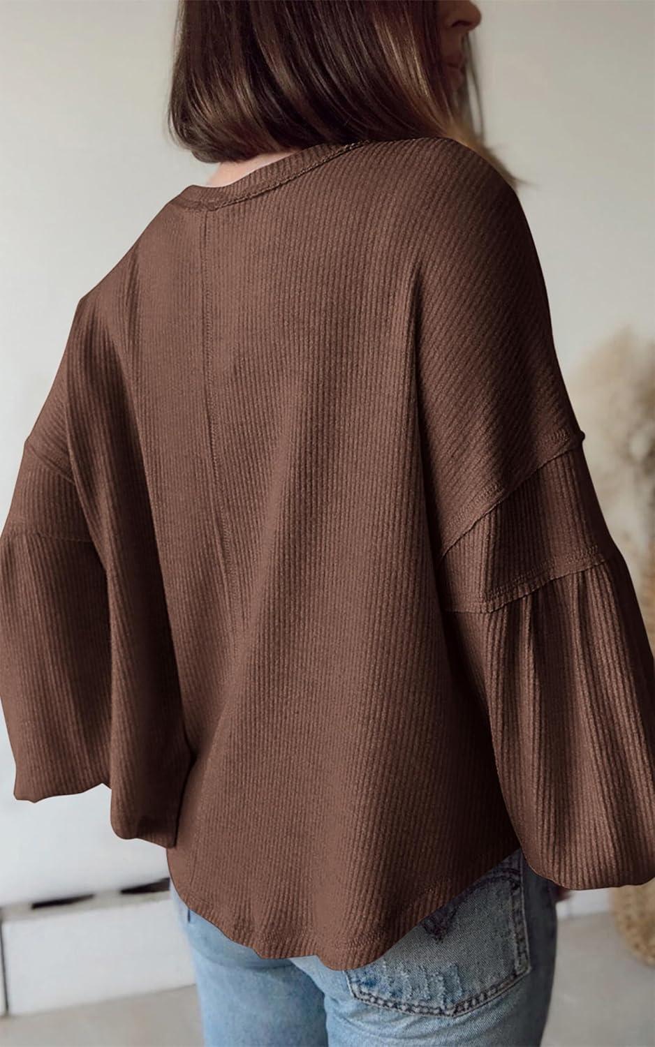 imageBTFBM Womens Fall Fashion 2025 Long Sleeve Shirts Casual V Neck Ribbed Knit Blouses Pullover Trendy Loose Fit Tunic TopsSolid Caramel