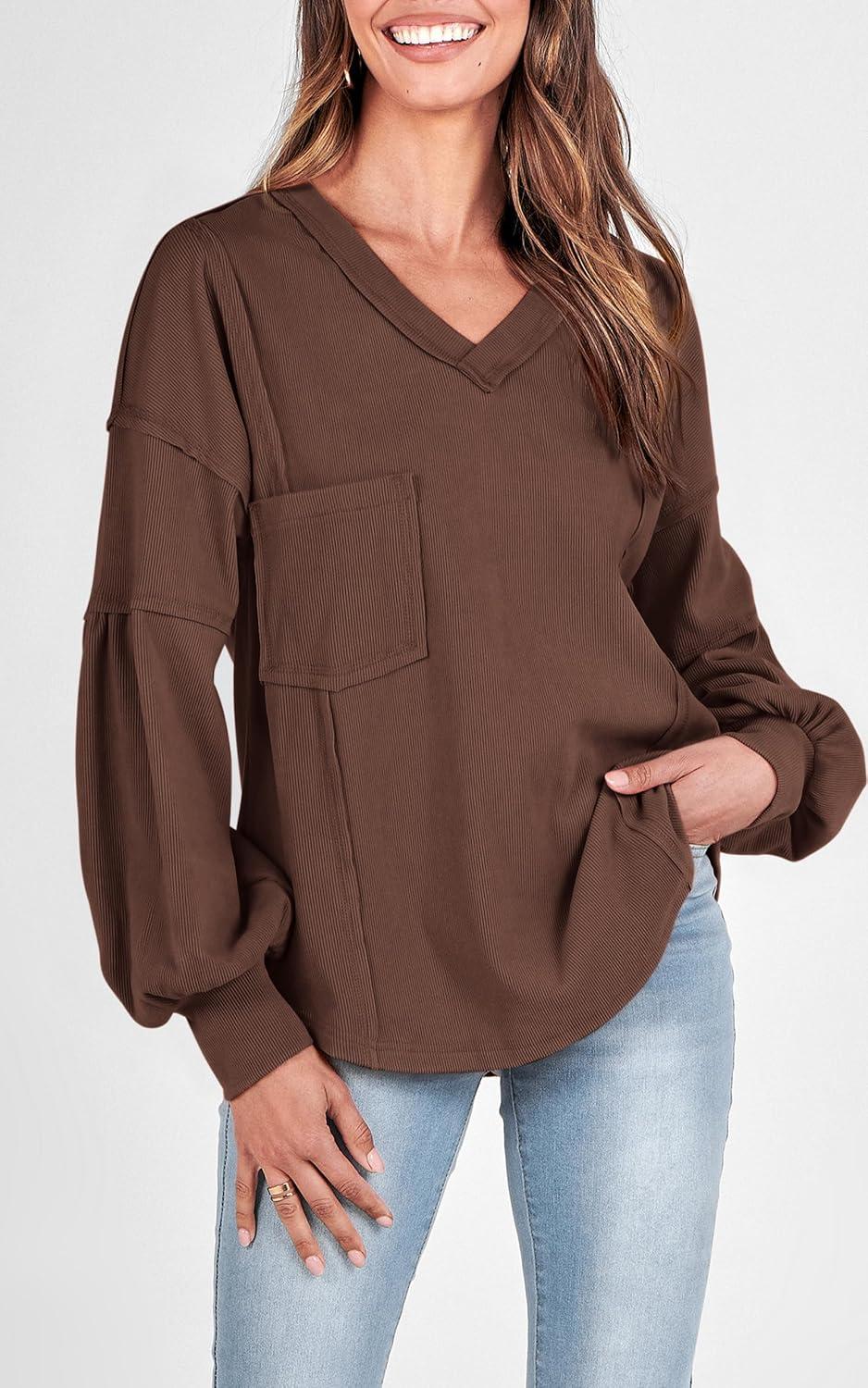 imageBTFBM Womens Fall Fashion 2025 Long Sleeve Shirts Casual V Neck Ribbed Knit Blouses Pullover Trendy Loose Fit Tunic TopsSolid Caramel