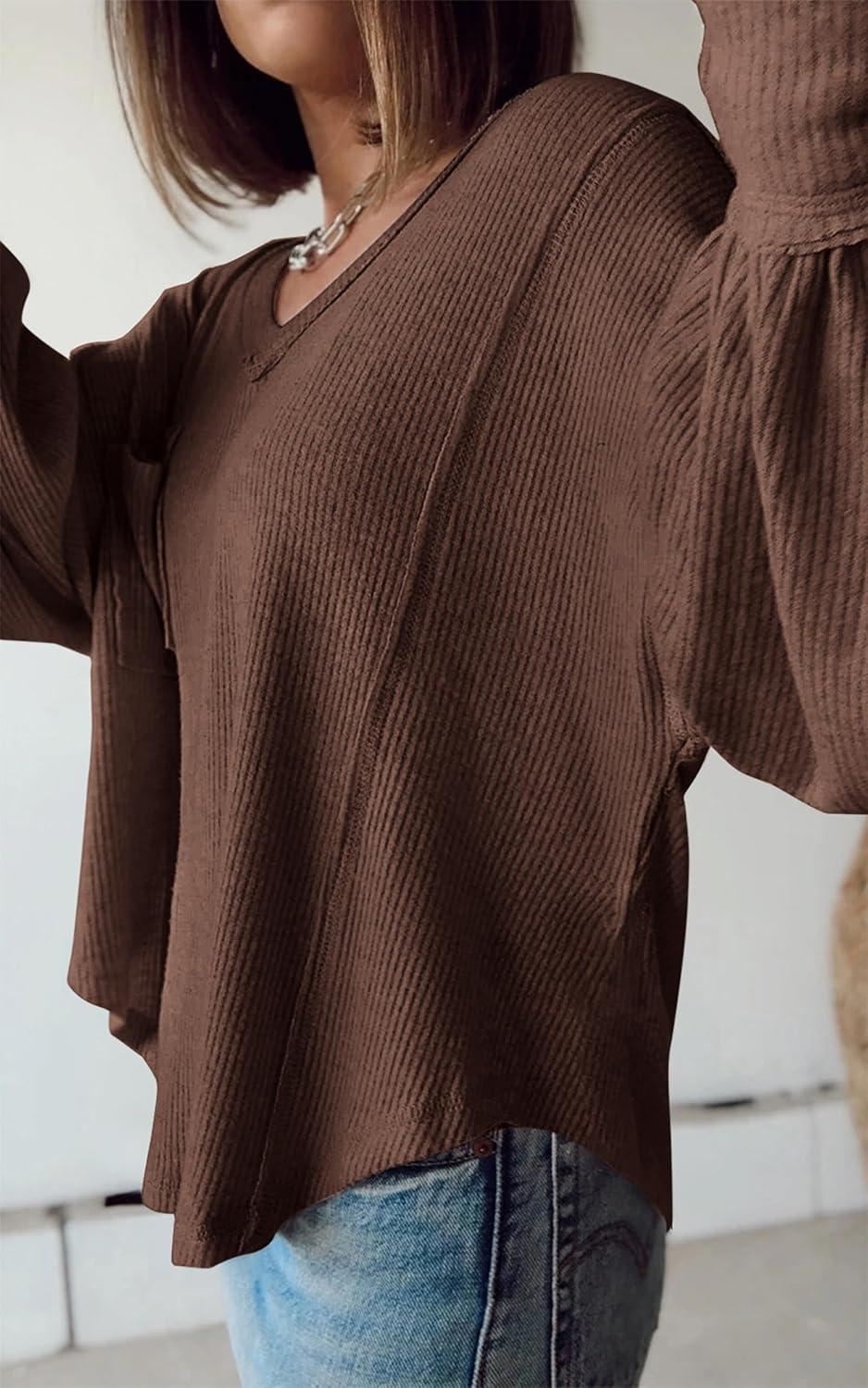imageBTFBM Womens Fall Fashion 2025 Long Sleeve Shirts Casual V Neck Ribbed Knit Blouses Pullover Trendy Loose Fit Tunic TopsSolid Caramel