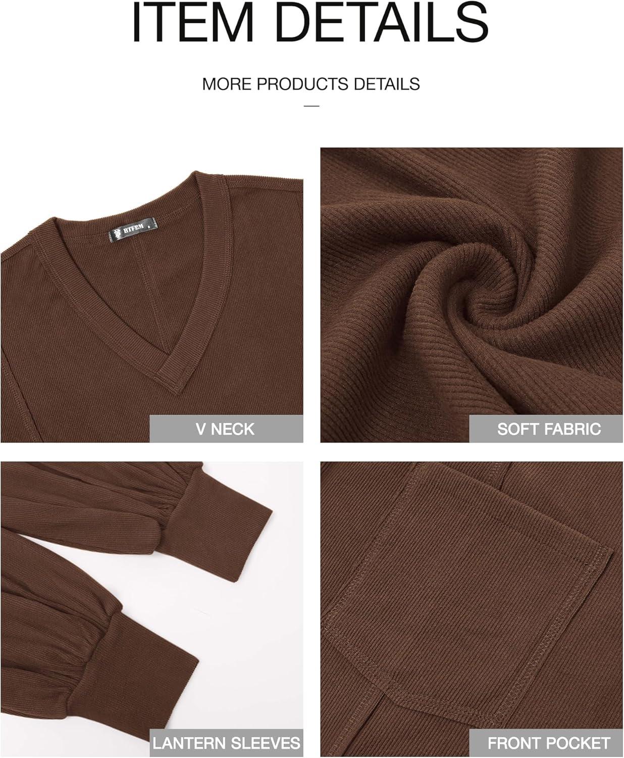 imageBTFBM Womens Fall Fashion 2025 Long Sleeve Shirts Casual V Neck Ribbed Knit Blouses Pullover Trendy Loose Fit Tunic TopsSolid Caramel