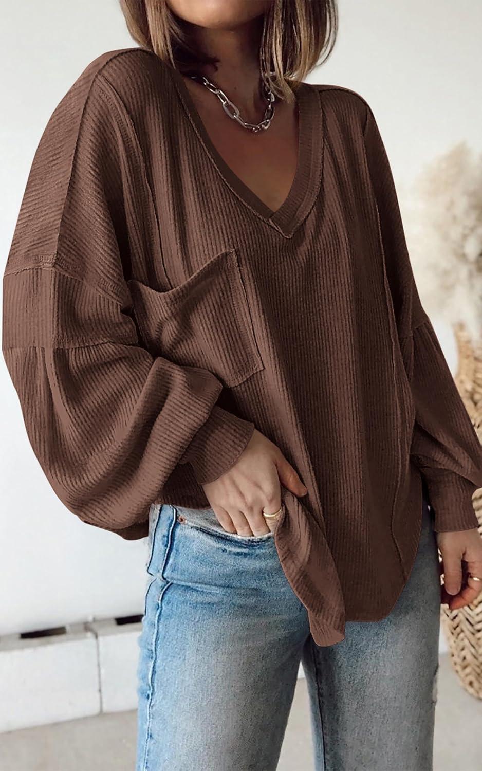 imageBTFBM Womens Fall Fashion 2025 Long Sleeve Shirts Casual V Neck Ribbed Knit Blouses Pullover Trendy Loose Fit Tunic TopsSolid Caramel