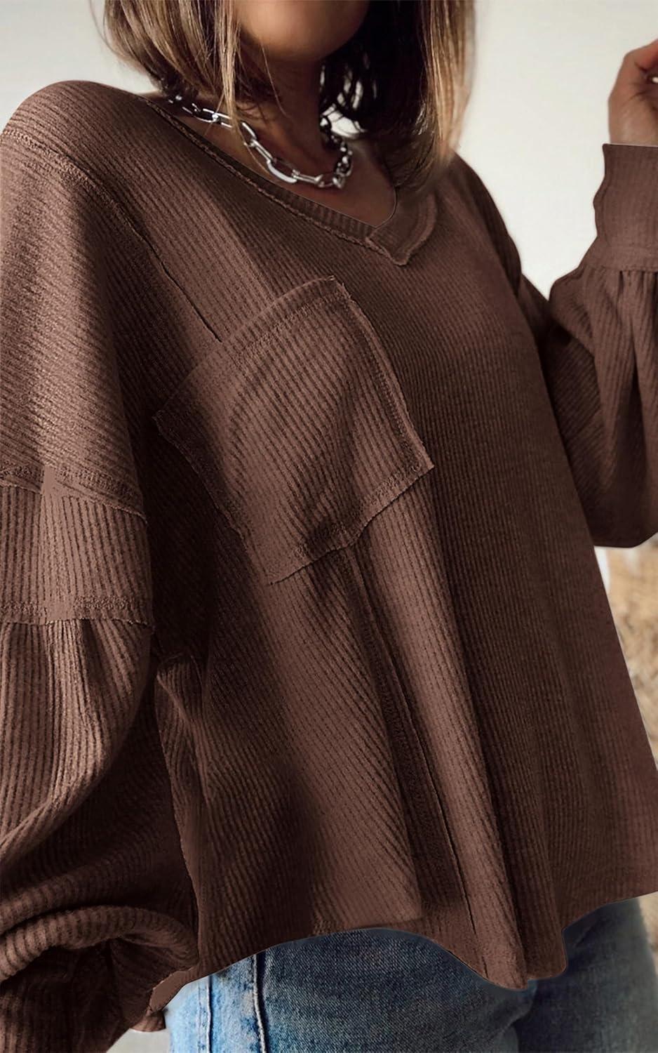 imageBTFBM Womens Fall Fashion 2025 Long Sleeve Shirts Casual V Neck Ribbed Knit Blouses Pullover Trendy Loose Fit Tunic TopsSolid Caramel