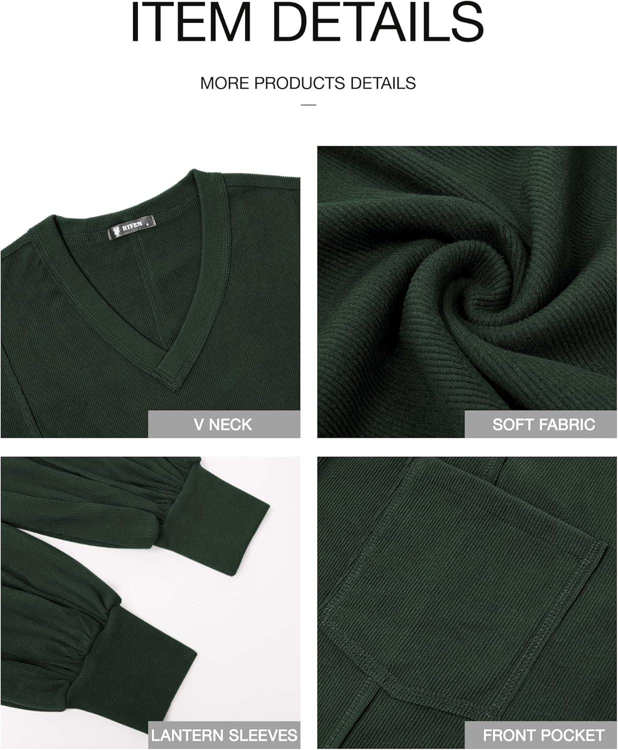 imageBTFBM Womens Fall Fashion 2025 Long Sleeve Shirts Casual V Neck Ribbed Knit Blouses Pullover Trendy Loose Fit Tunic TopsSolid Dark Army Green