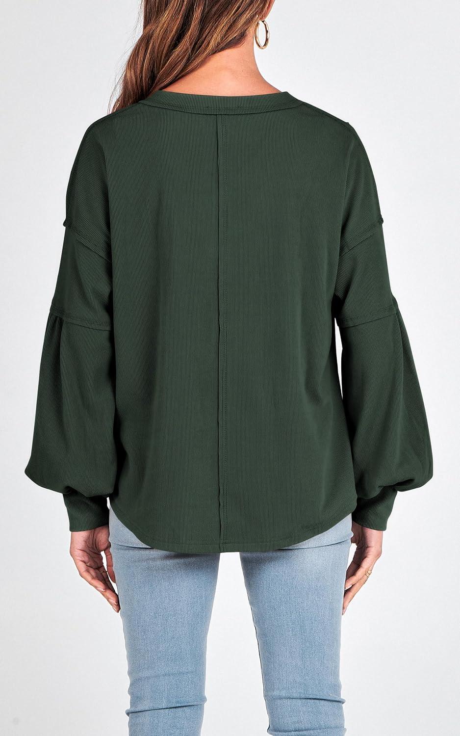 imageBTFBM Womens Fall Fashion 2025 Long Sleeve Shirts Casual V Neck Ribbed Knit Blouses Pullover Trendy Loose Fit Tunic TopsSolid Dark Army Green
