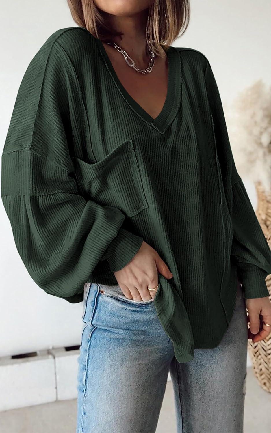 imageBTFBM Womens Fall Fashion 2025 Long Sleeve Shirts Casual V Neck Ribbed Knit Blouses Pullover Trendy Loose Fit Tunic TopsSolid Dark Army Green
