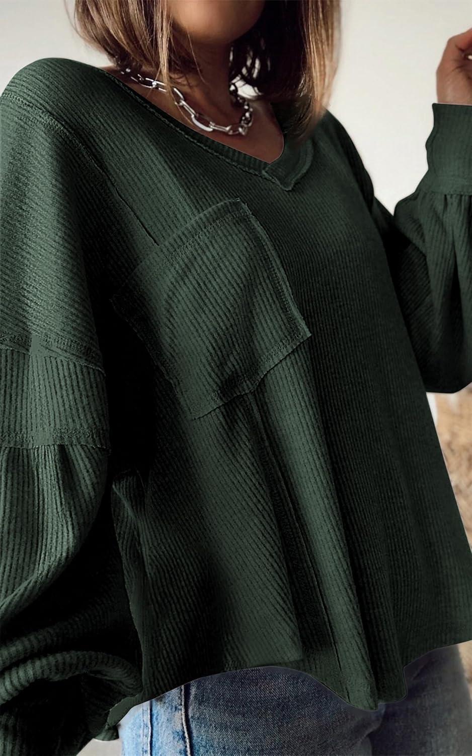 imageBTFBM Womens Fall Fashion 2025 Long Sleeve Shirts Casual V Neck Ribbed Knit Blouses Pullover Trendy Loose Fit Tunic TopsSolid Dark Army Green