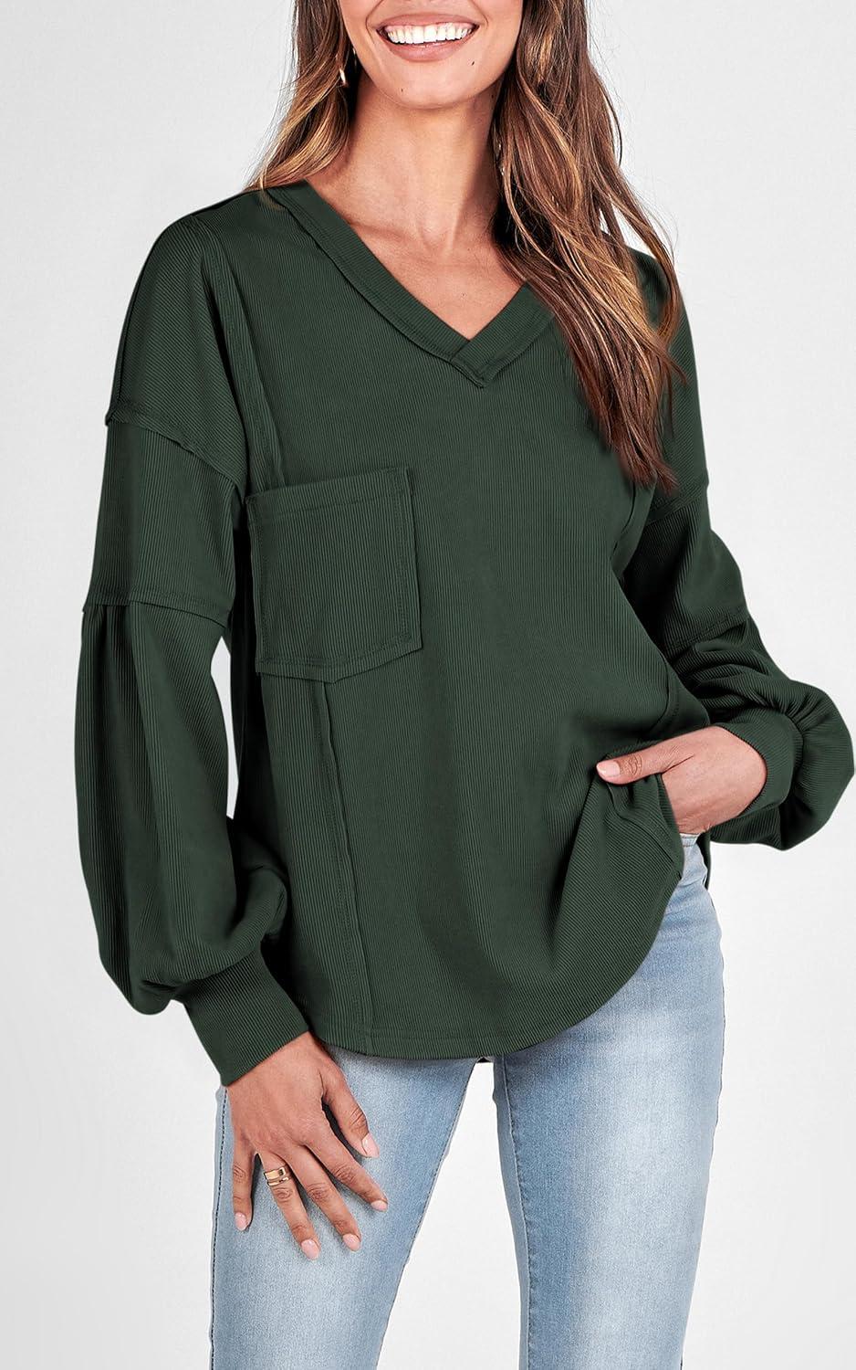 imageBTFBM Womens Fall Fashion 2025 Long Sleeve Shirts Casual V Neck Ribbed Knit Blouses Pullover Trendy Loose Fit Tunic TopsSolid Dark Army Green