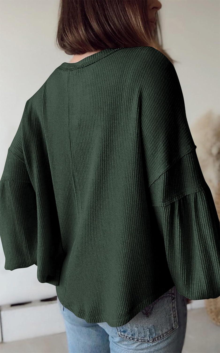 imageBTFBM Womens Fall Fashion 2025 Long Sleeve Shirts Casual V Neck Ribbed Knit Blouses Pullover Trendy Loose Fit Tunic TopsSolid Dark Army Green