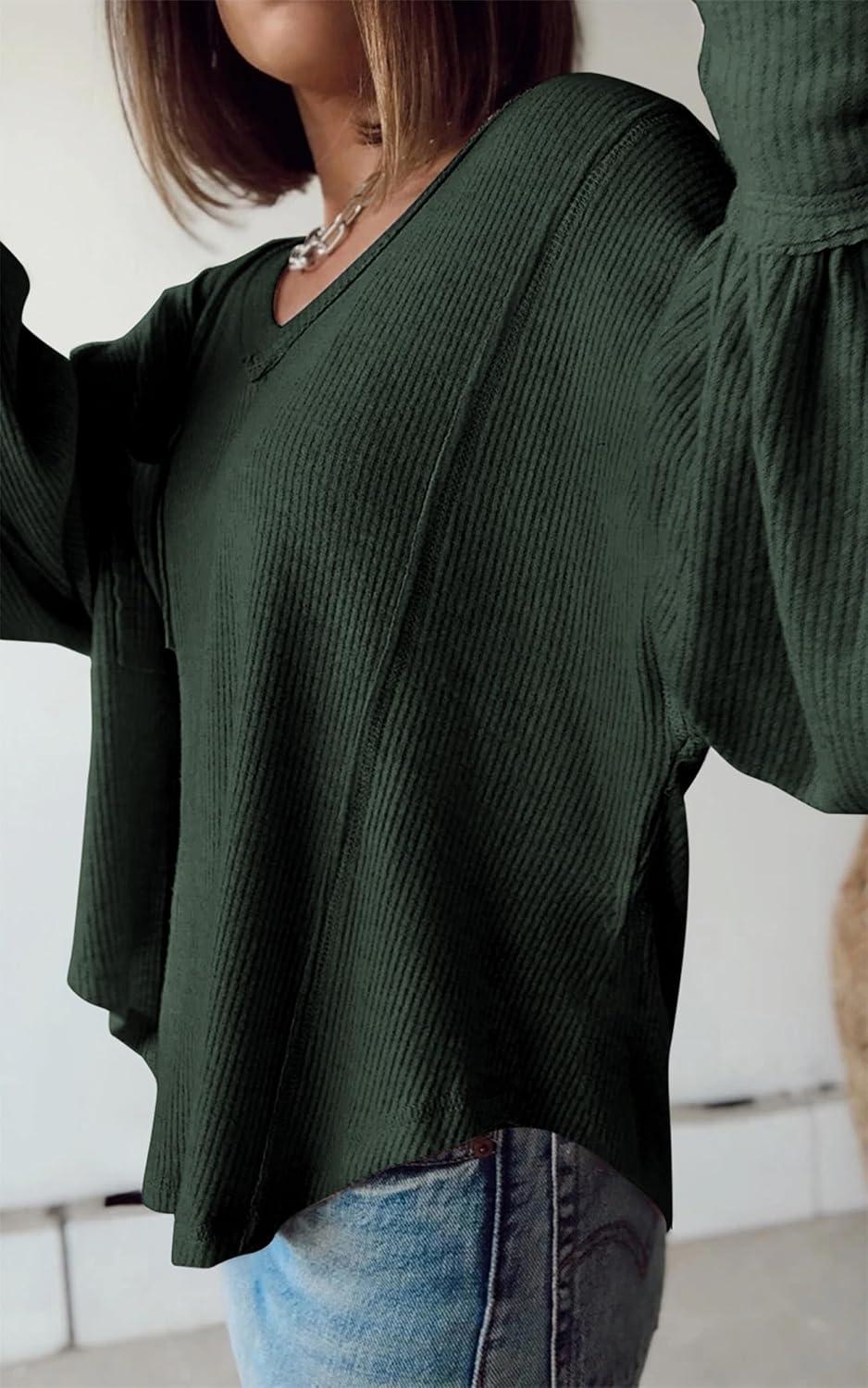 imageBTFBM Womens Fall Fashion 2025 Long Sleeve Shirts Casual V Neck Ribbed Knit Blouses Pullover Trendy Loose Fit Tunic TopsSolid Dark Army Green