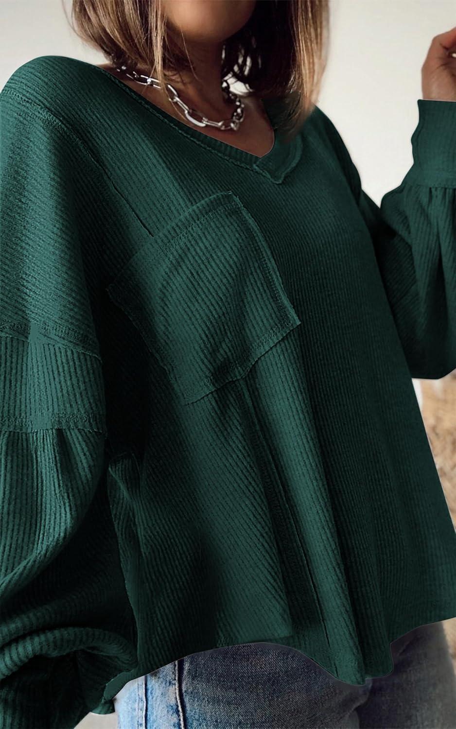 imageBTFBM Womens Fall Fashion 2025 Long Sleeve Shirts Casual V Neck Ribbed Knit Blouses Pullover Trendy Loose Fit Tunic TopsSolid Dark Green
