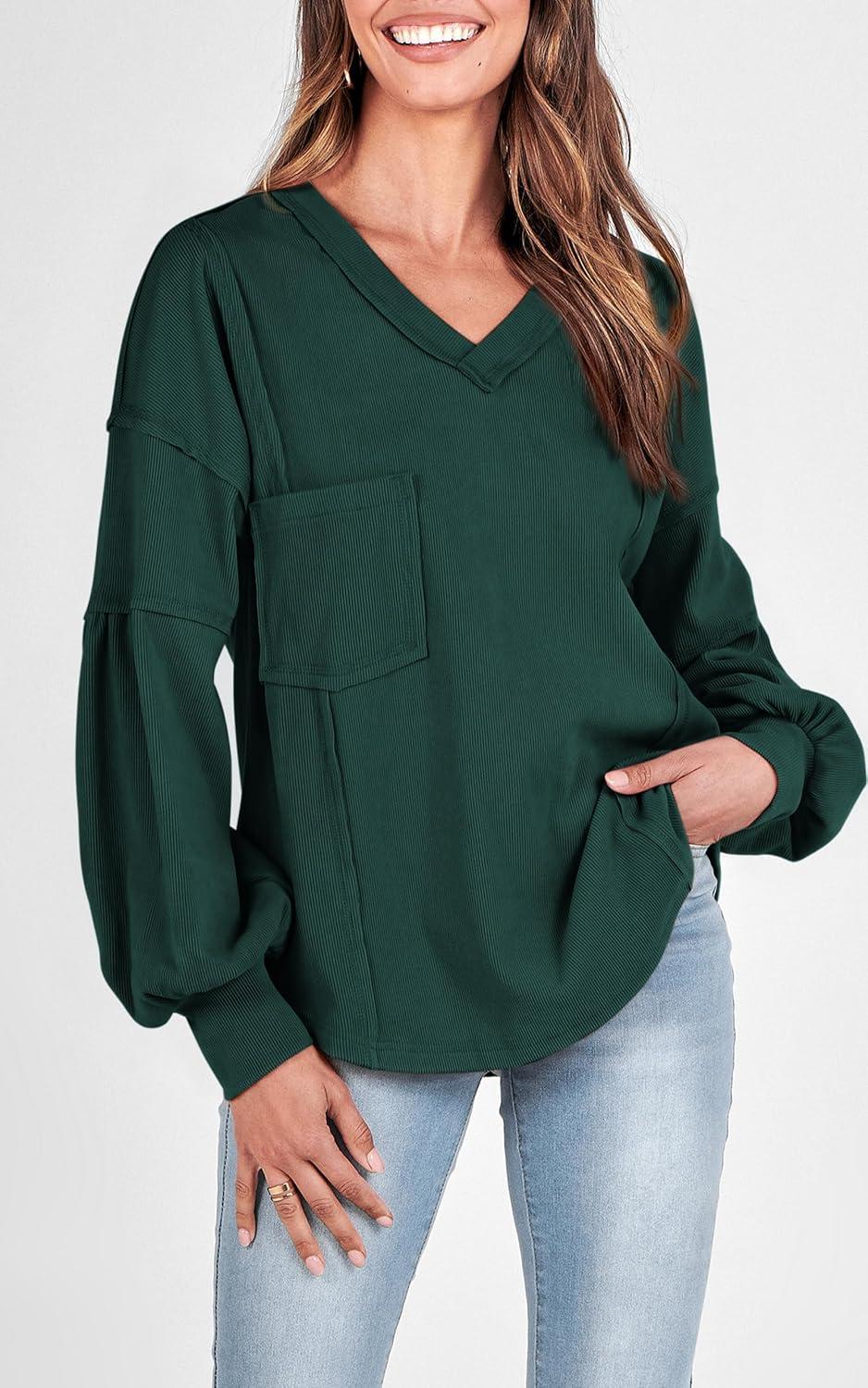 imageBTFBM Womens Fall Fashion 2025 Long Sleeve Shirts Casual V Neck Ribbed Knit Blouses Pullover Trendy Loose Fit Tunic TopsSolid Dark Green