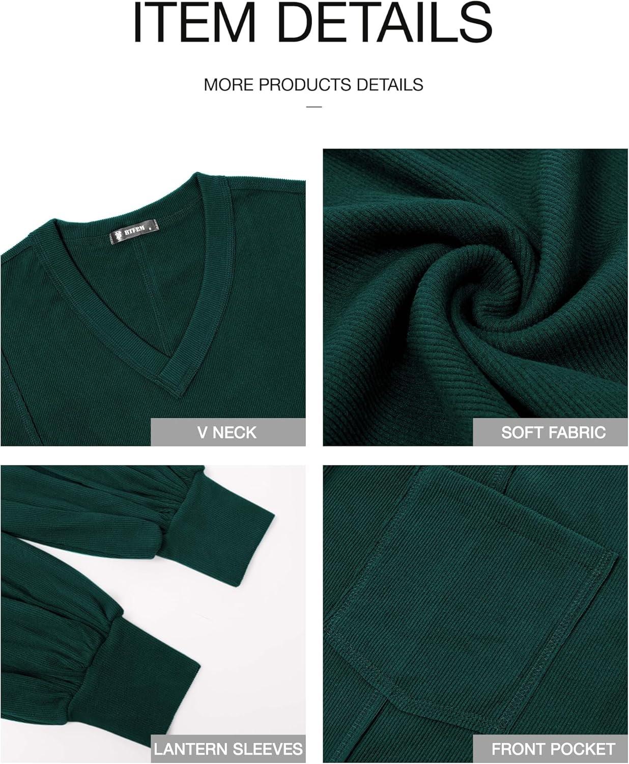 imageBTFBM Womens Fall Fashion 2025 Long Sleeve Shirts Casual V Neck Ribbed Knit Blouses Pullover Trendy Loose Fit Tunic TopsSolid Dark Green