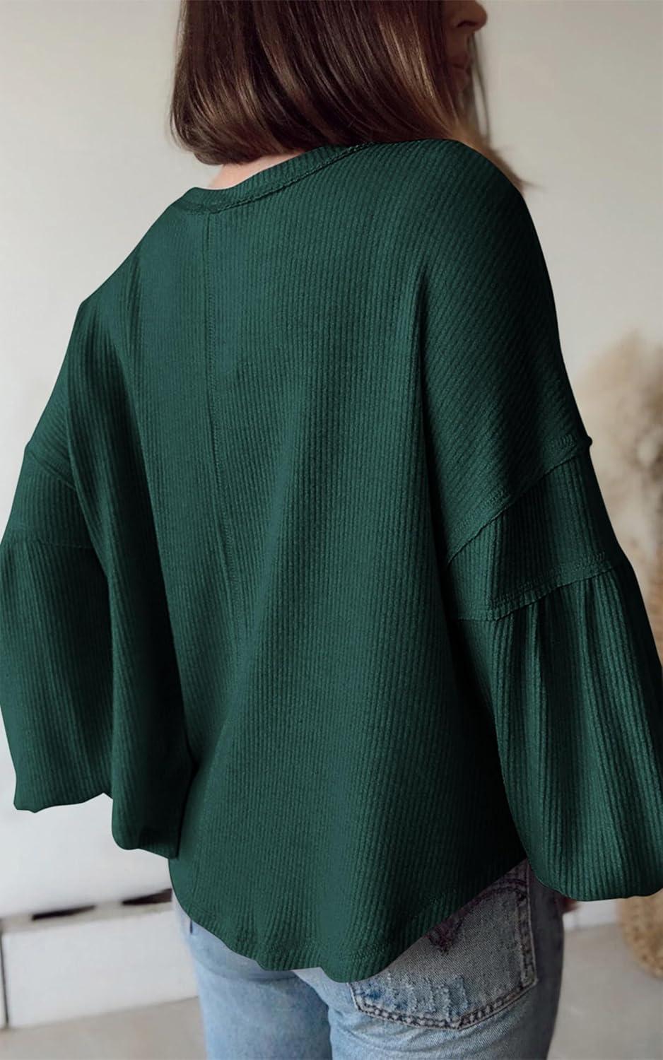 imageBTFBM Womens Fall Fashion 2025 Long Sleeve Shirts Casual V Neck Ribbed Knit Blouses Pullover Trendy Loose Fit Tunic TopsSolid Dark Green