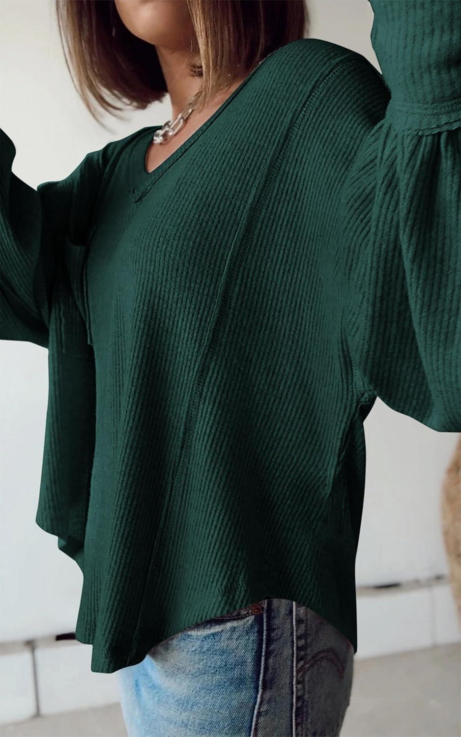 imageBTFBM Womens Fall Fashion 2025 Long Sleeve Shirts Casual V Neck Ribbed Knit Blouses Pullover Trendy Loose Fit Tunic TopsSolid Dark Green
