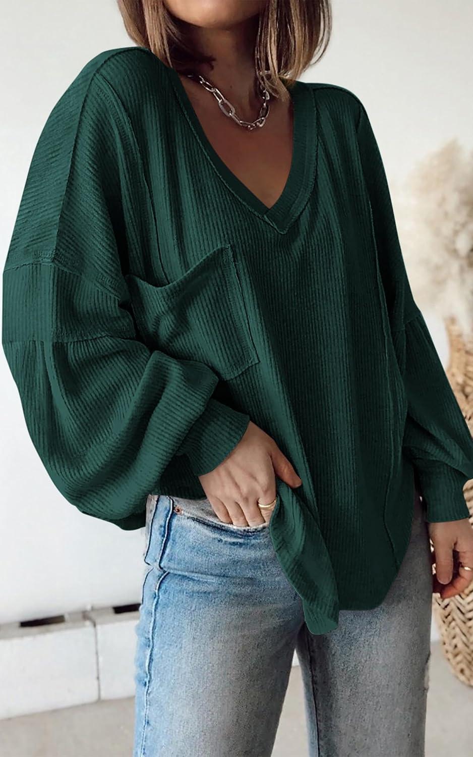 imageBTFBM Womens Fall Fashion 2025 Long Sleeve Shirts Casual V Neck Ribbed Knit Blouses Pullover Trendy Loose Fit Tunic TopsSolid Dark Green