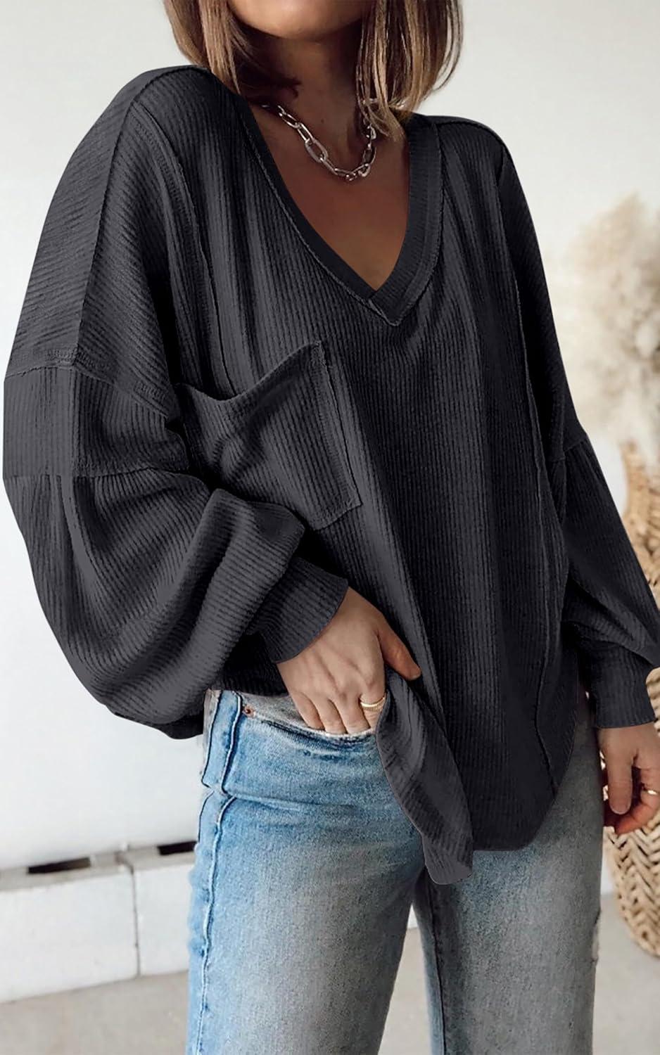 imageBTFBM Womens Fall Fashion 2025 Long Sleeve Shirts Casual V Neck Ribbed Knit Blouses Pullover Trendy Loose Fit Tunic TopsSolid Dark Grey