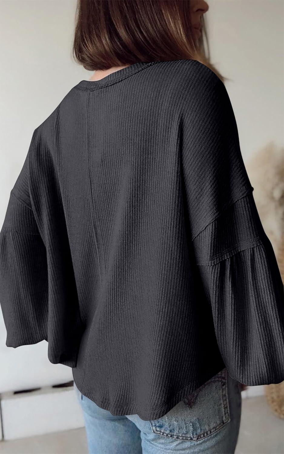 imageBTFBM Womens Fall Fashion 2025 Long Sleeve Shirts Casual V Neck Ribbed Knit Blouses Pullover Trendy Loose Fit Tunic TopsSolid Dark Grey