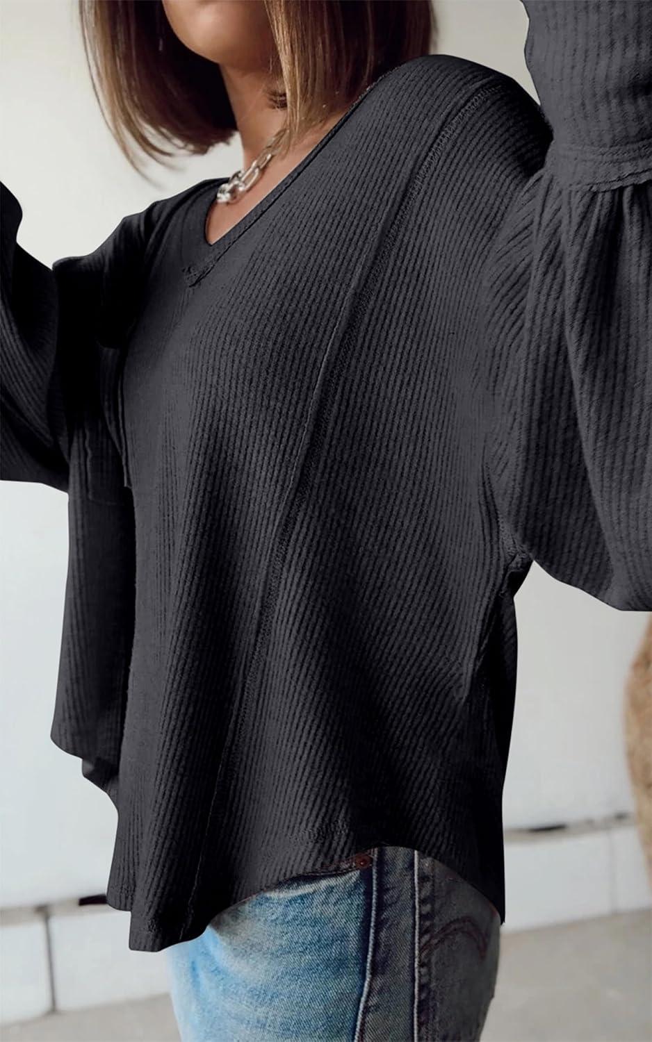 imageBTFBM Womens Fall Fashion 2025 Long Sleeve Shirts Casual V Neck Ribbed Knit Blouses Pullover Trendy Loose Fit Tunic TopsSolid Dark Grey