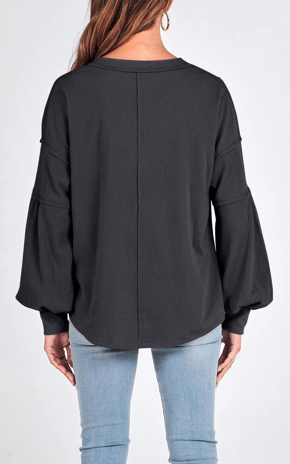 imageBTFBM Womens Fall Fashion 2025 Long Sleeve Shirts Casual V Neck Ribbed Knit Blouses Pullover Trendy Loose Fit Tunic TopsSolid Dark Grey