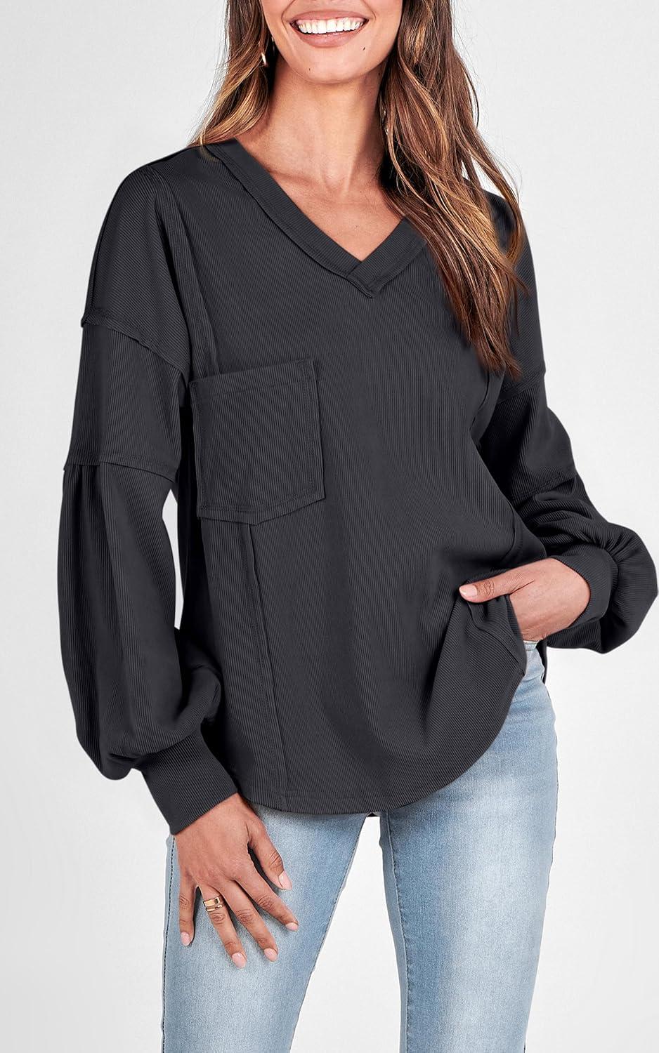 imageBTFBM Womens Fall Fashion 2025 Long Sleeve Shirts Casual V Neck Ribbed Knit Blouses Pullover Trendy Loose Fit Tunic TopsSolid Dark Grey
