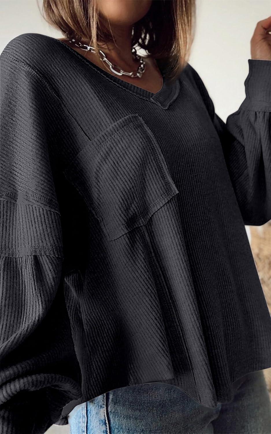 imageBTFBM Womens Fall Fashion 2025 Long Sleeve Shirts Casual V Neck Ribbed Knit Blouses Pullover Trendy Loose Fit Tunic TopsSolid Dark Grey