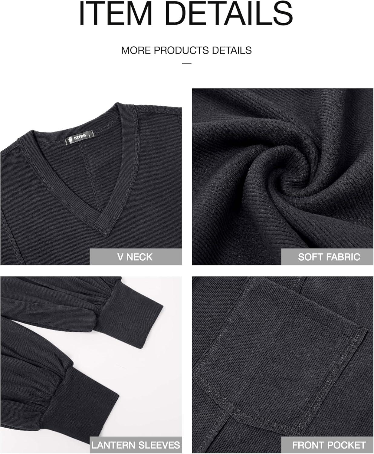 imageBTFBM Womens Fall Fashion 2025 Long Sleeve Shirts Casual V Neck Ribbed Knit Blouses Pullover Trendy Loose Fit Tunic TopsSolid Dark Grey