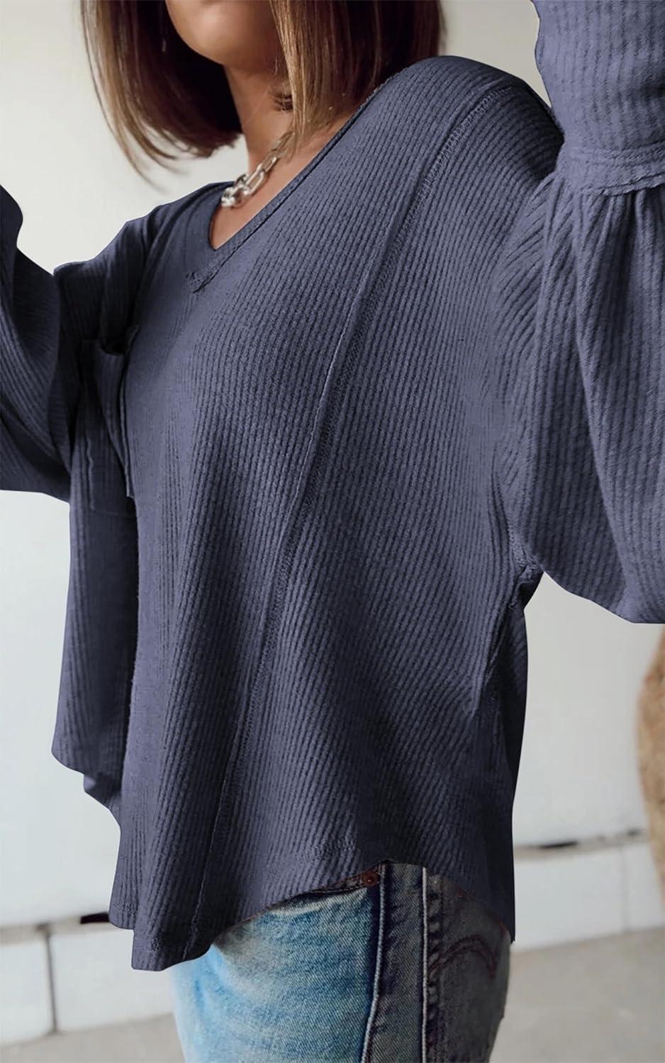 imageBTFBM Womens Fall Fashion 2025 Long Sleeve Shirts Casual V Neck Ribbed Knit Blouses Pullover Trendy Loose Fit Tunic TopsSolid Dark Grey Blue