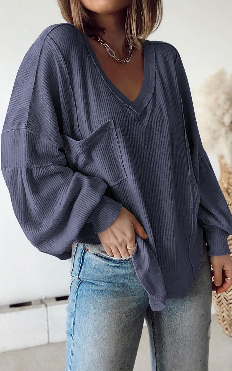imageBTFBM Womens Fall Fashion 2025 Long Sleeve Shirts Casual V Neck Ribbed Knit Blouses Pullover Trendy Loose Fit Tunic TopsSolid Dark Grey Blue
