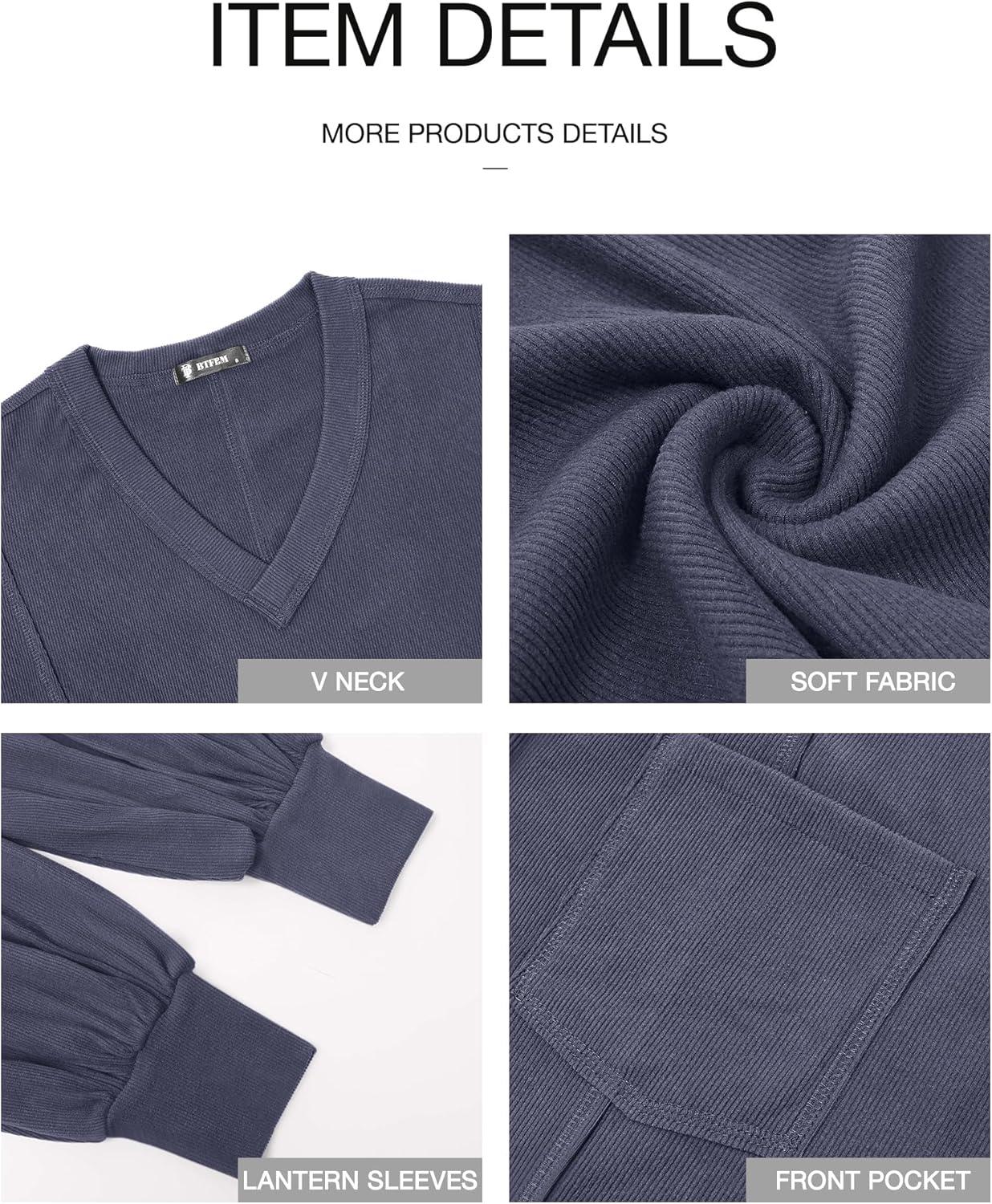 imageBTFBM Womens Fall Fashion 2025 Long Sleeve Shirts Casual V Neck Ribbed Knit Blouses Pullover Trendy Loose Fit Tunic TopsSolid Dark Grey Blue