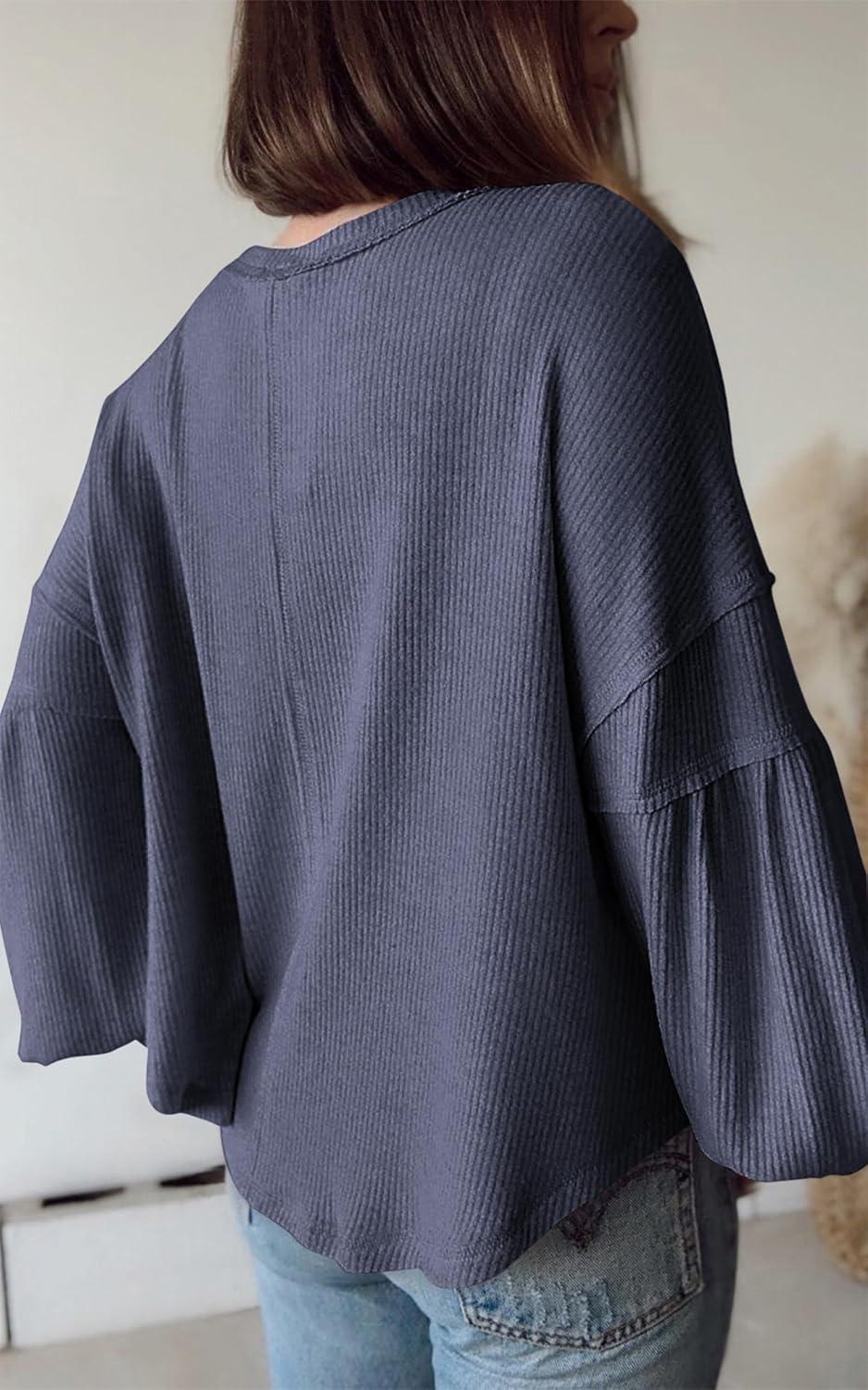 imageBTFBM Womens Fall Fashion 2025 Long Sleeve Shirts Casual V Neck Ribbed Knit Blouses Pullover Trendy Loose Fit Tunic TopsSolid Dark Grey Blue