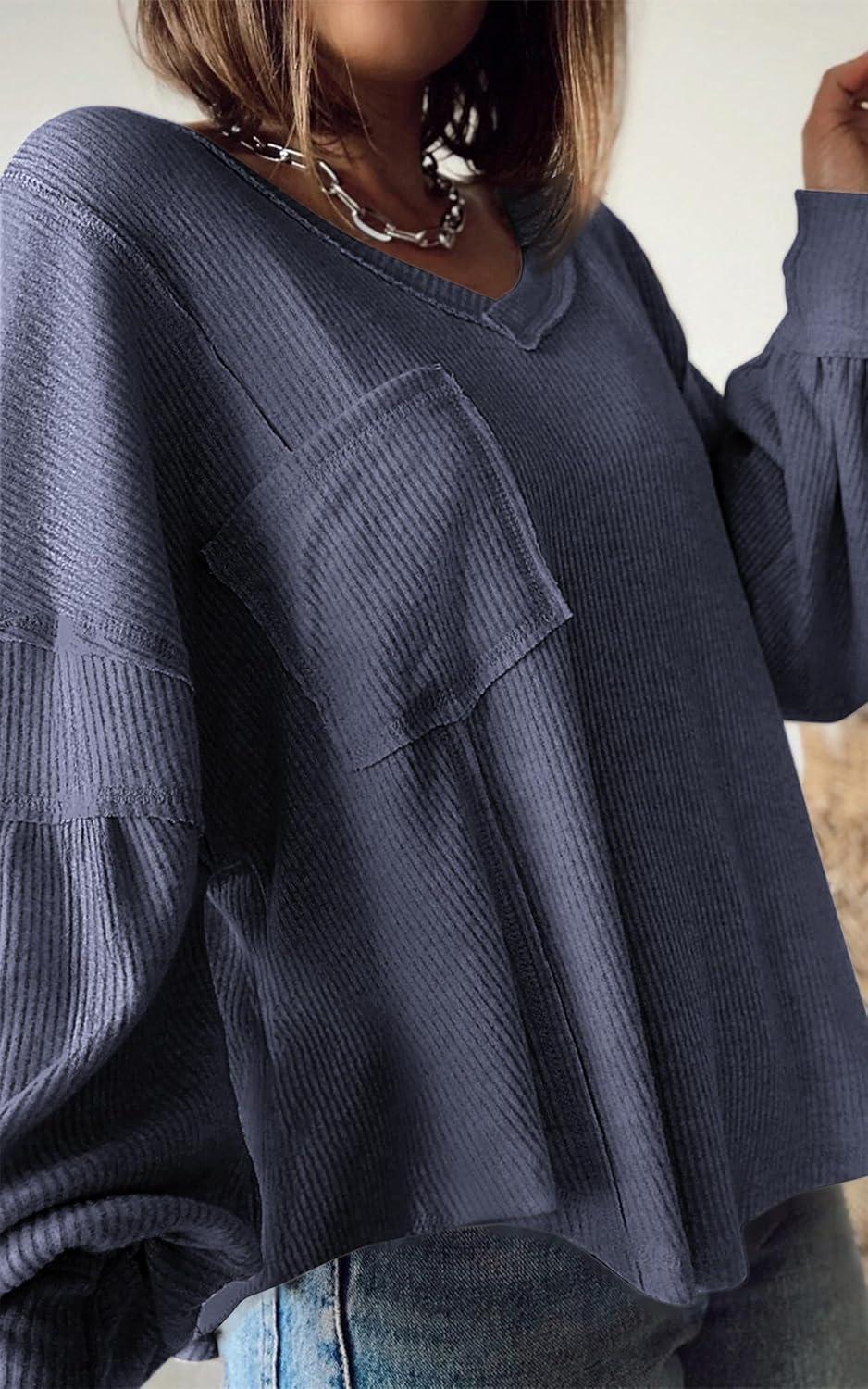 imageBTFBM Womens Fall Fashion 2025 Long Sleeve Shirts Casual V Neck Ribbed Knit Blouses Pullover Trendy Loose Fit Tunic TopsSolid Dark Grey Blue