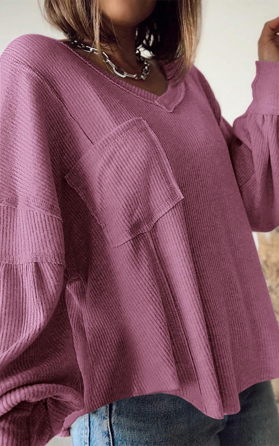 imageBTFBM Womens Fall Fashion 2025 Long Sleeve Shirts Casual V Neck Ribbed Knit Blouses Pullover Trendy Loose Fit Tunic TopsSolid Dusty Pink