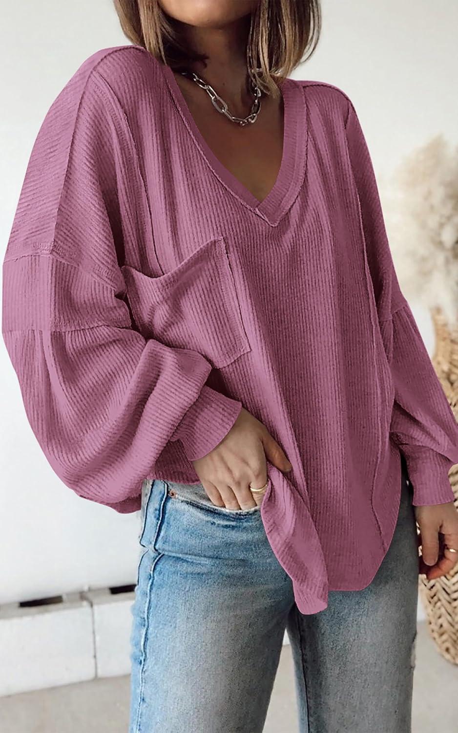 imageBTFBM Womens Fall Fashion 2025 Long Sleeve Shirts Casual V Neck Ribbed Knit Blouses Pullover Trendy Loose Fit Tunic TopsSolid Dusty Pink