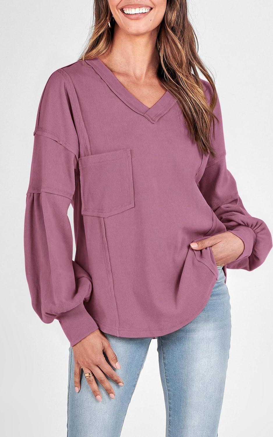 imageBTFBM Womens Fall Fashion 2025 Long Sleeve Shirts Casual V Neck Ribbed Knit Blouses Pullover Trendy Loose Fit Tunic TopsSolid Dusty Pink