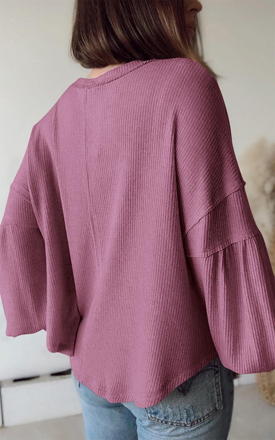 imageBTFBM Womens Fall Fashion 2025 Long Sleeve Shirts Casual V Neck Ribbed Knit Blouses Pullover Trendy Loose Fit Tunic TopsSolid Dusty Pink
