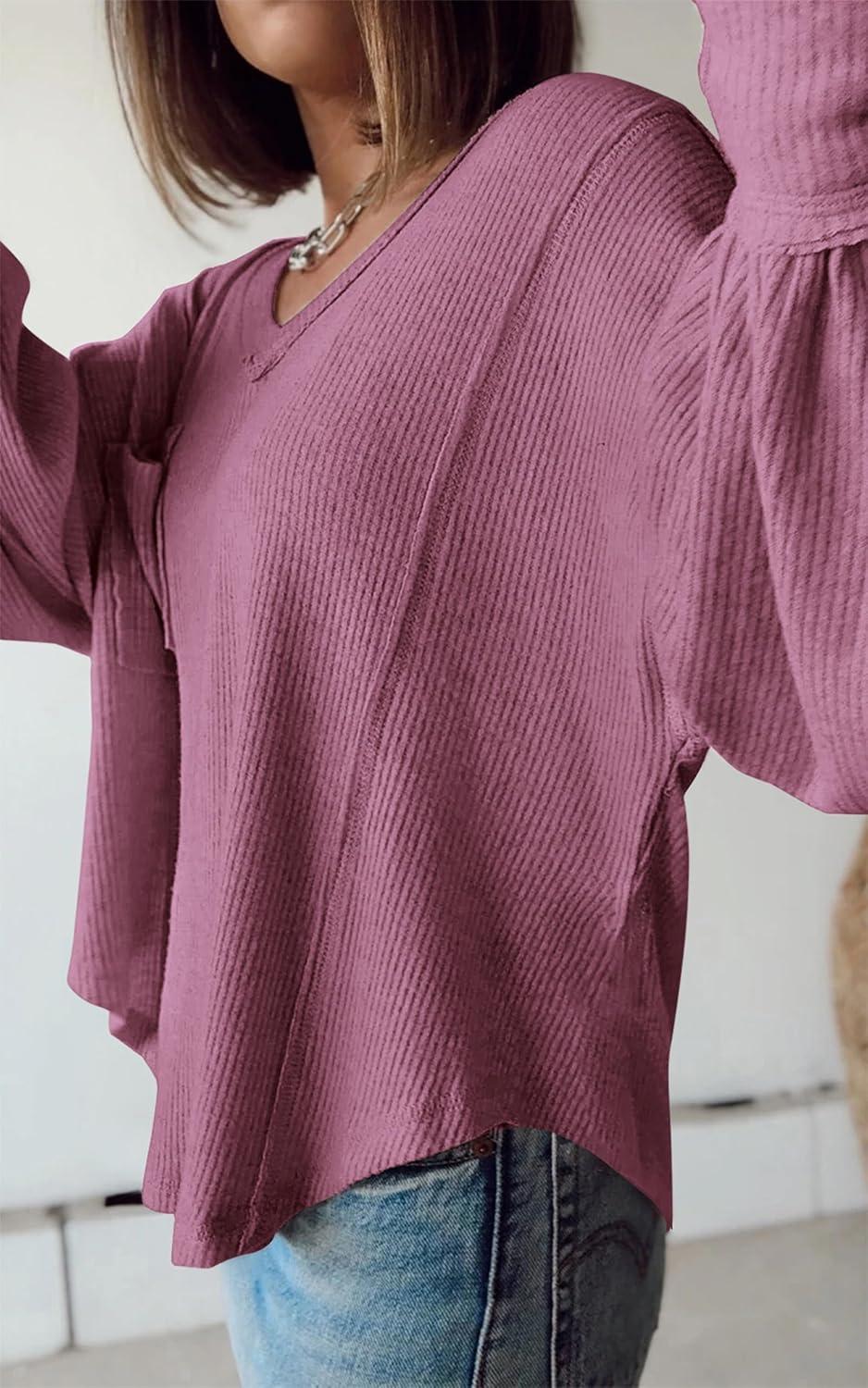 imageBTFBM Womens Fall Fashion 2025 Long Sleeve Shirts Casual V Neck Ribbed Knit Blouses Pullover Trendy Loose Fit Tunic TopsSolid Dusty Pink