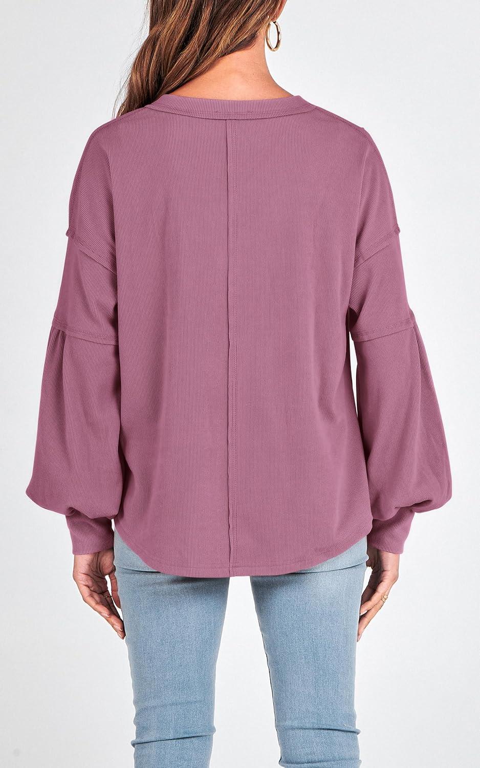 imageBTFBM Womens Fall Fashion 2025 Long Sleeve Shirts Casual V Neck Ribbed Knit Blouses Pullover Trendy Loose Fit Tunic TopsSolid Dusty Pink