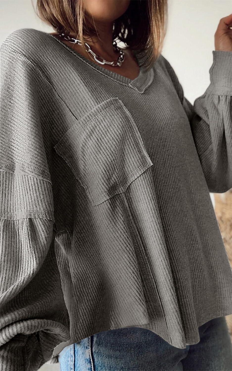 imageBTFBM Womens Fall Fashion 2025 Long Sleeve Shirts Casual V Neck Ribbed Knit Blouses Pullover Trendy Loose Fit Tunic TopsSolid Grey