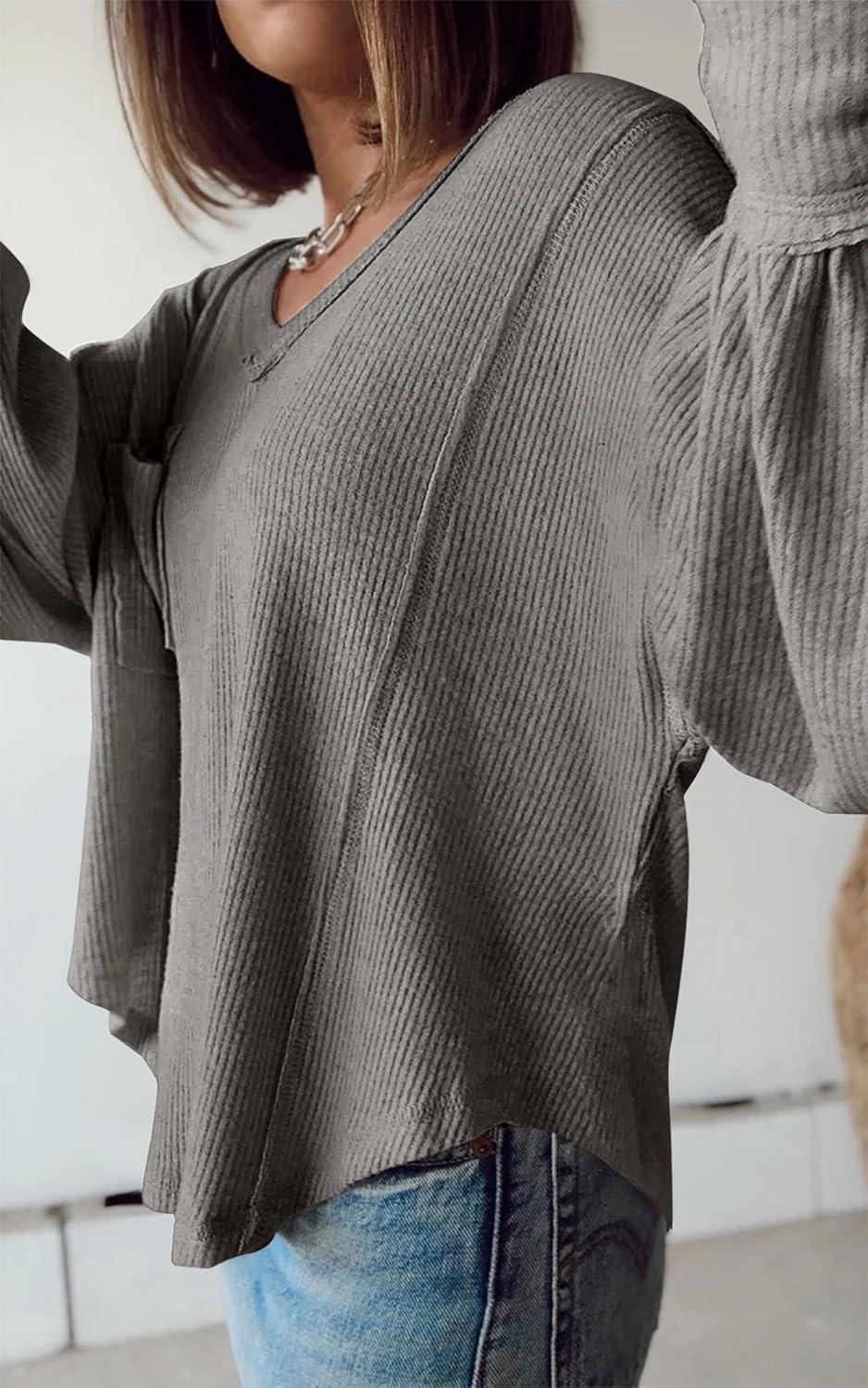 imageBTFBM Womens Fall Fashion 2025 Long Sleeve Shirts Casual V Neck Ribbed Knit Blouses Pullover Trendy Loose Fit Tunic TopsSolid Grey